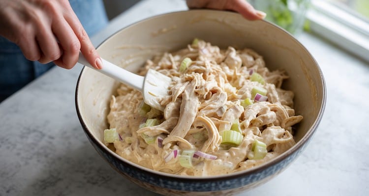 Easy Chicken Salad Mixing Step Chicken salad being folded together in a ceramic mixing bowl with spatula