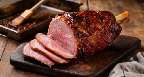 Glazed bone-in ham shank sliced on a cutting board