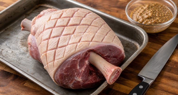 Raw ham shank scored in a diamond pattern before roasting