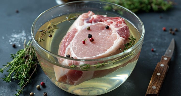 Raw pork chops submerged in a clear glass bowl of brine with fresh thyme sprigs and black peppercorns floating in the water Raw pork chops submerged in a clear glass bowl of brine with fresh thyme sprigs and black peppercorns floating in the water