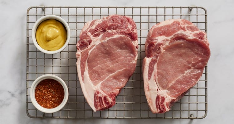 Overhead shot of raw thick-cut pork steaks on a wire rack, one being brushed with yellow mustard and another coated in red rib rub Overhead shot of raw thick-cut pork steaks on a wire rack, one being brushed with yellow mustard and another coated in red rib rub