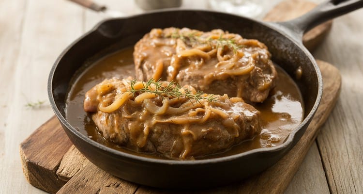 Smothered Pork Steaks in Onion Gravy Ready to Serve Smothered pork steaks simmering in rich onion gravy in a cast-iron skillet, ready to serve