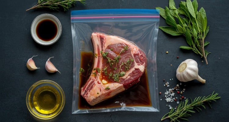 Tip steak marinating in a zip-lock bag with soy sauce garlic herbs and olive oil marinade