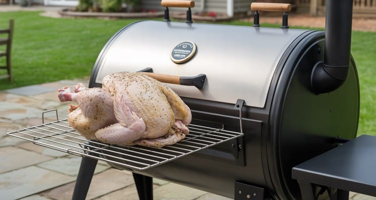 Seasoned Whole Turkey on Smoker Rack Seasoned whole turkey on a smoker rack before cooking